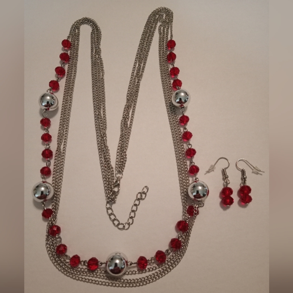 #553.   Red Faceted Glass, 4 Layer Necklace With Matching Earrings Bundle